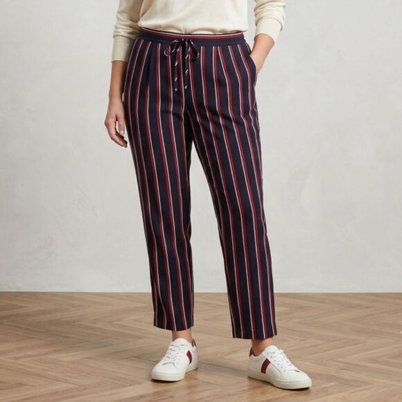 Banana Republic Pants - Banana Republic Striped Pants Size 4 Navy Blue Red White Ankle Drawstring Pleat